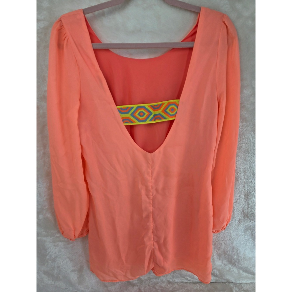 Very J Neon Coral Deep V-Back Embroidered Strap Chiffon‎ Blouse VD30655 Mens M